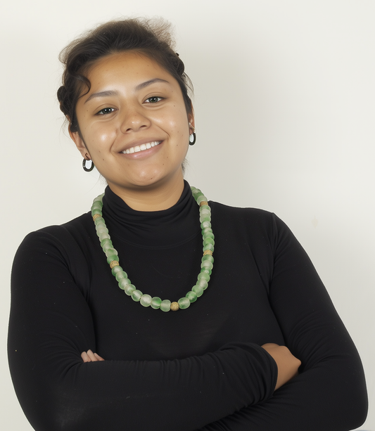 Handmade Green Beaded Glass Necklace With African Trade Beads & Brass - alternate view
