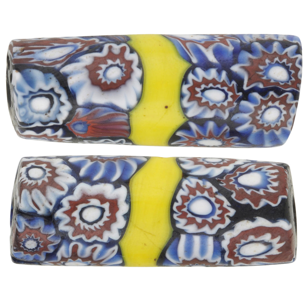 Antique Large Banded Millefiori Mosaic Venetian Trade Beads, 31X12Mm Pair