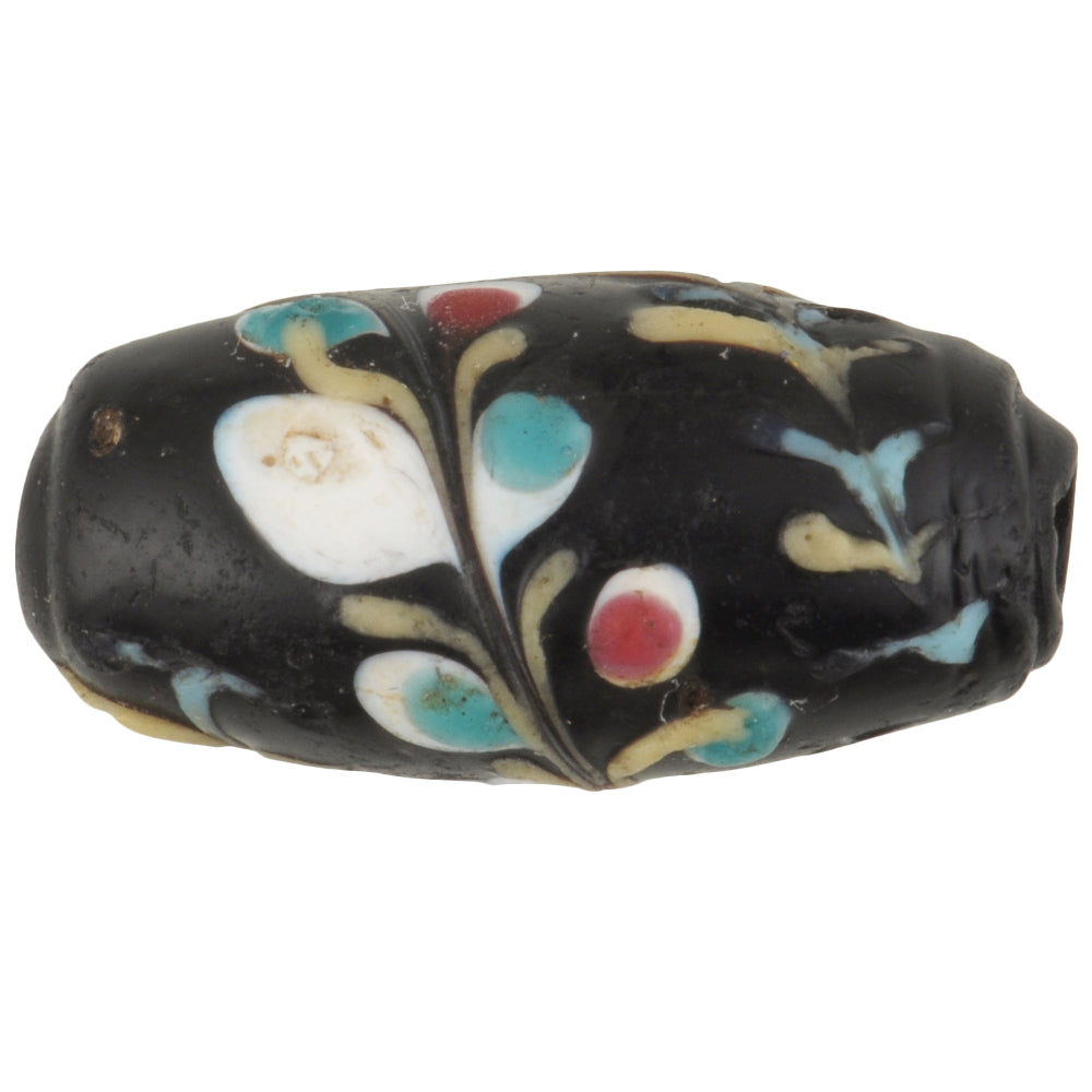 Rare Black "Floral" Antique Venetian Wound Glass Trade Bead, 19X9Mm
