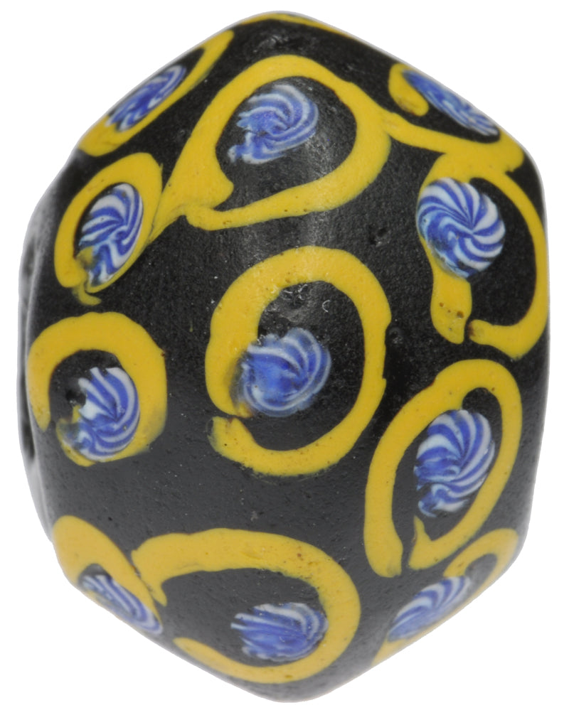Rare Antique Black Bicone "King" Venetian Glass Trade Bead - Lampwork Trail Design - zoomed-in detail