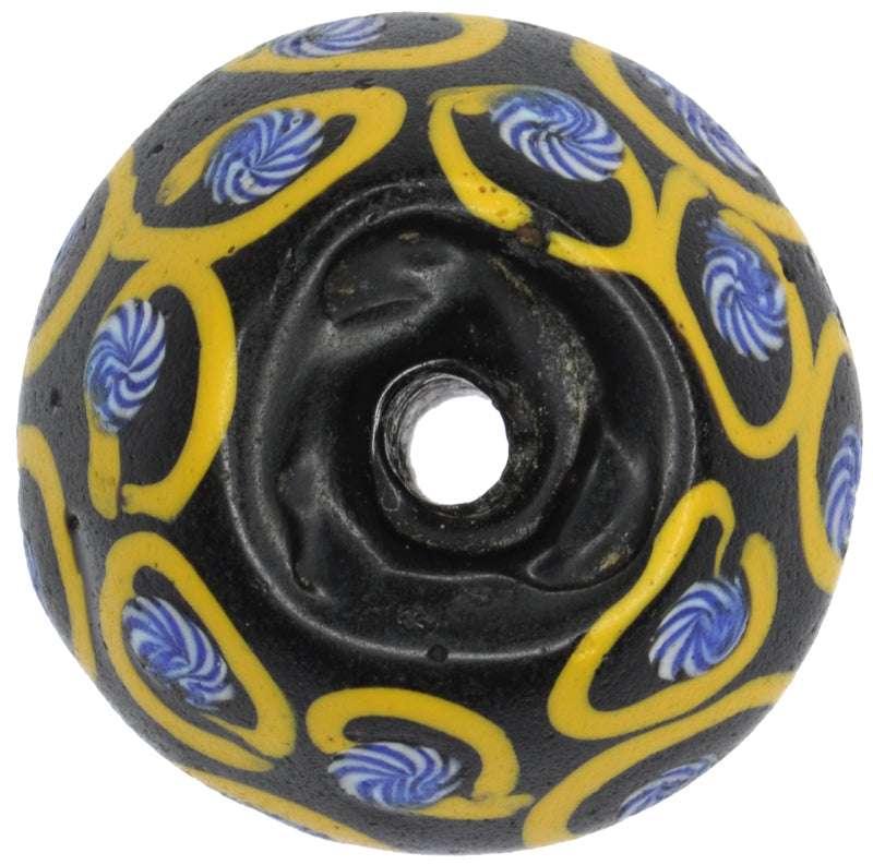 Rare Antique Black Bicone "King" Venetian Glass Trade Bead - Lampwork Trail Design - close-up