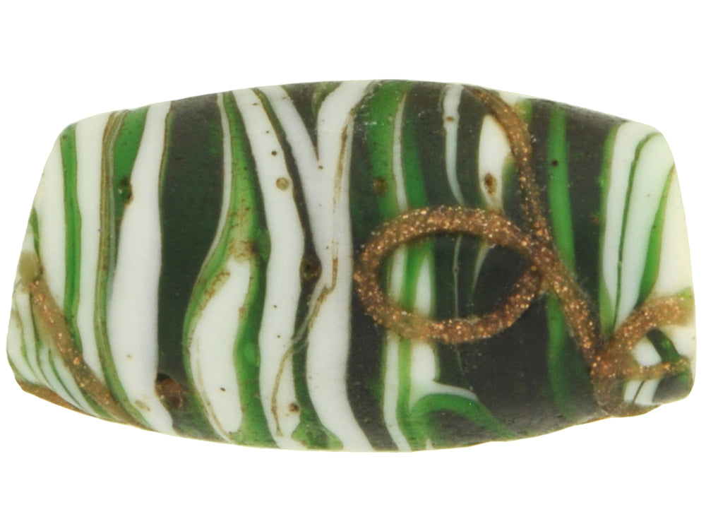 Rare Antique Floral Venetian Wound Glass Trade Bead With Aventurine Trail - close-up