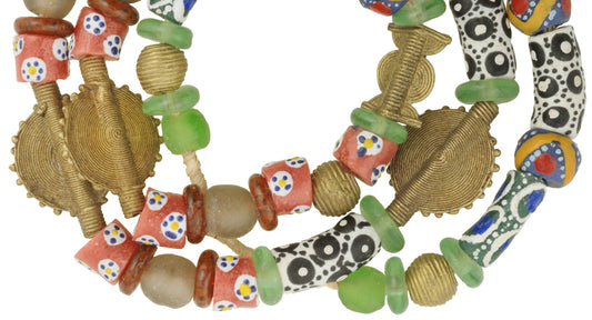 African Trade Beads: Krobo Glass & Brass Beads, 28" Strand - alternate view
