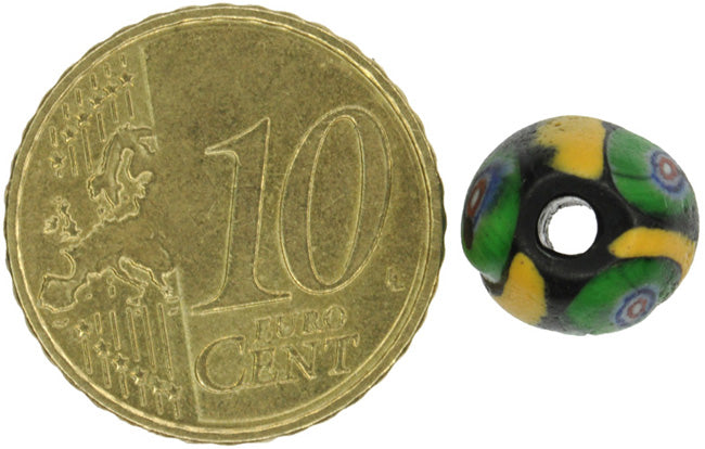 Rare Antique Black Bicone Venetian Trade Bead With Murrine & Trail Decoration - close-up