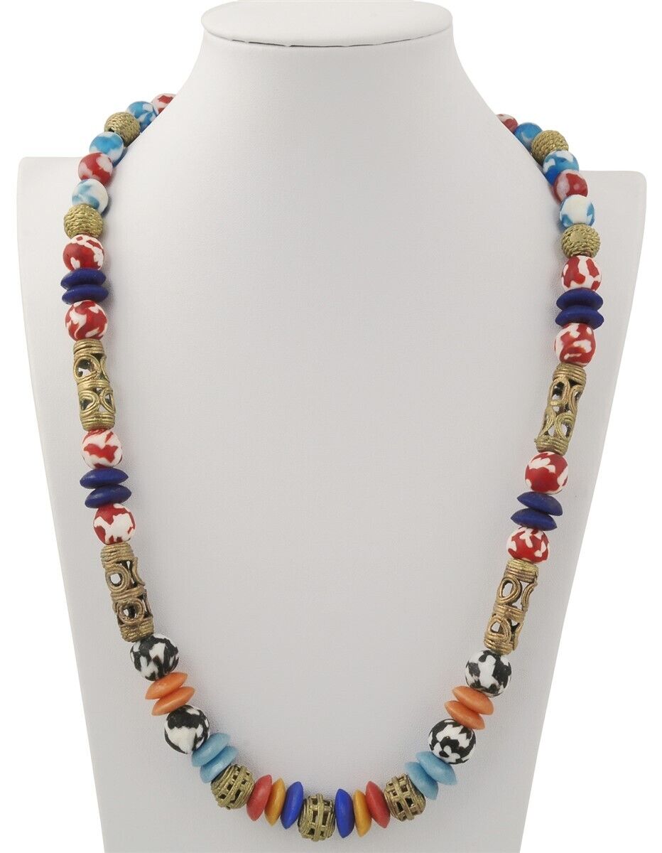 Handmade Brass Recycled Glass Beads Ghana African Necklace - alternate view