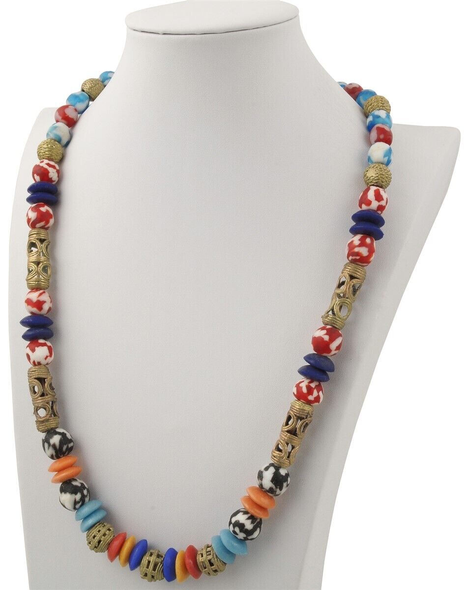 Handmade Brass Recycled Glass Beads Ghana African Necklace - close-up