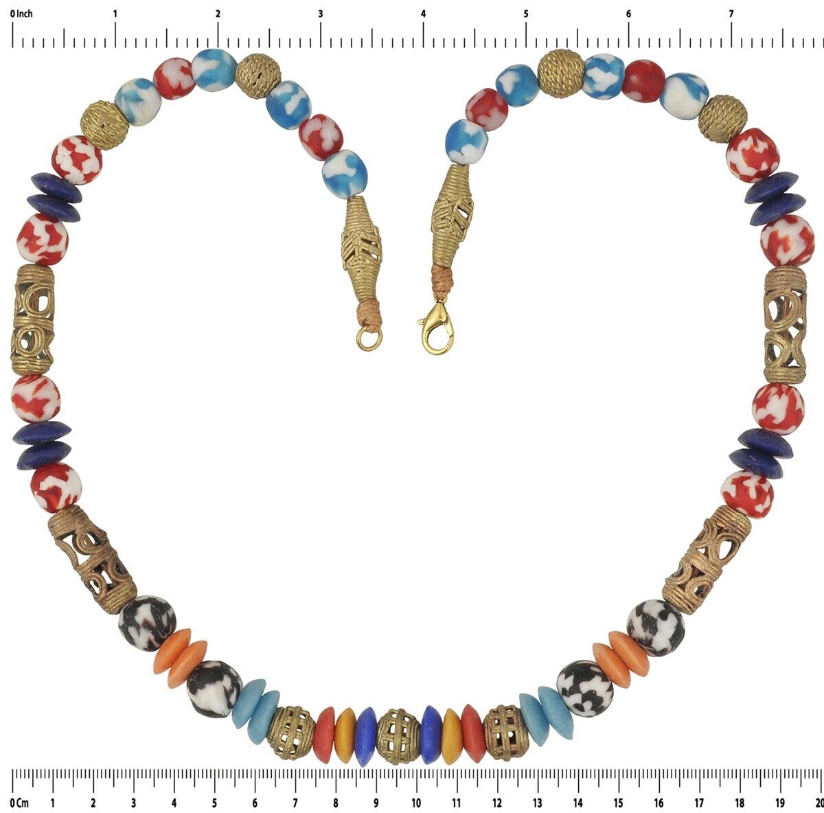 Handmade Brass Recycled Glass Beads Ghana African Necklace - zoomed-in detail