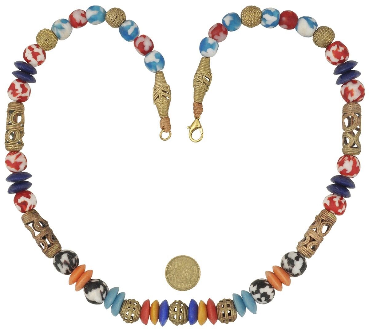 Handmade Brass Recycled Glass Beads Ghana African Necklace - angled shot