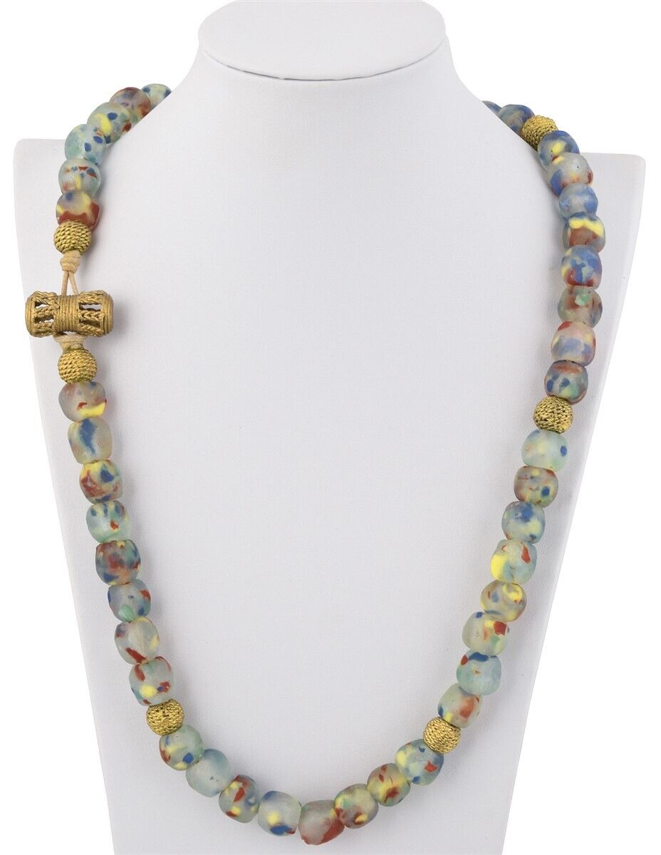 Handmade Multicolor African Beads Necklace - Beaded Glass & Brass - angled shot