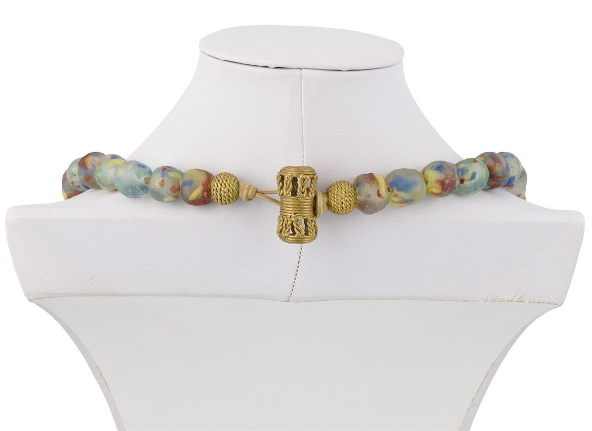 Handmade Multicolor African Beads Necklace - Beaded Glass & Brass - product focus