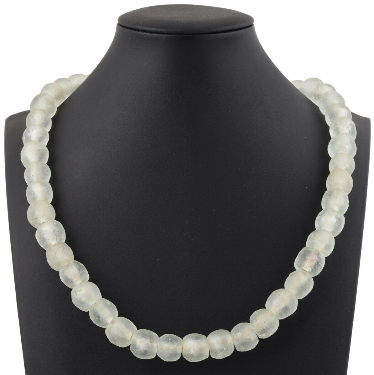 Milky White Beaded Glass Necklace | African Trade Beads & Brass - zoomed-in detail