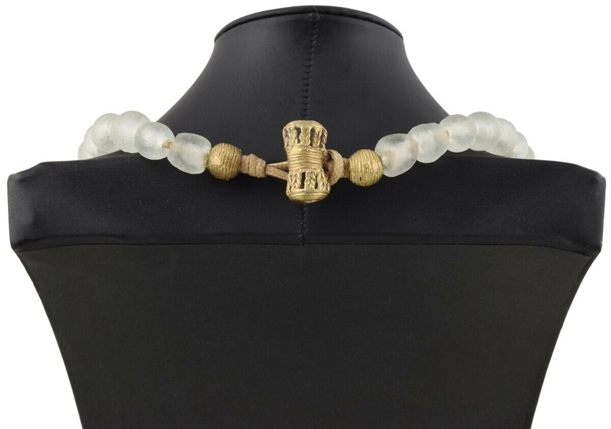 Milky White Beaded Glass Necklace | African Trade Beads & Brass - product focus