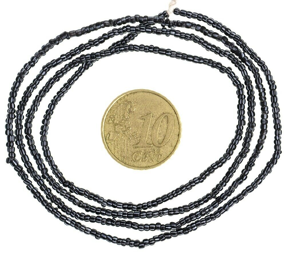 Vintage Old Venetian Drawn Striped Black 1.5–2 mm Seed Trade Beads Strand
