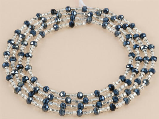 Tie on Deep Black and Clear Glass with Inner Silver Lining African Waist Beads