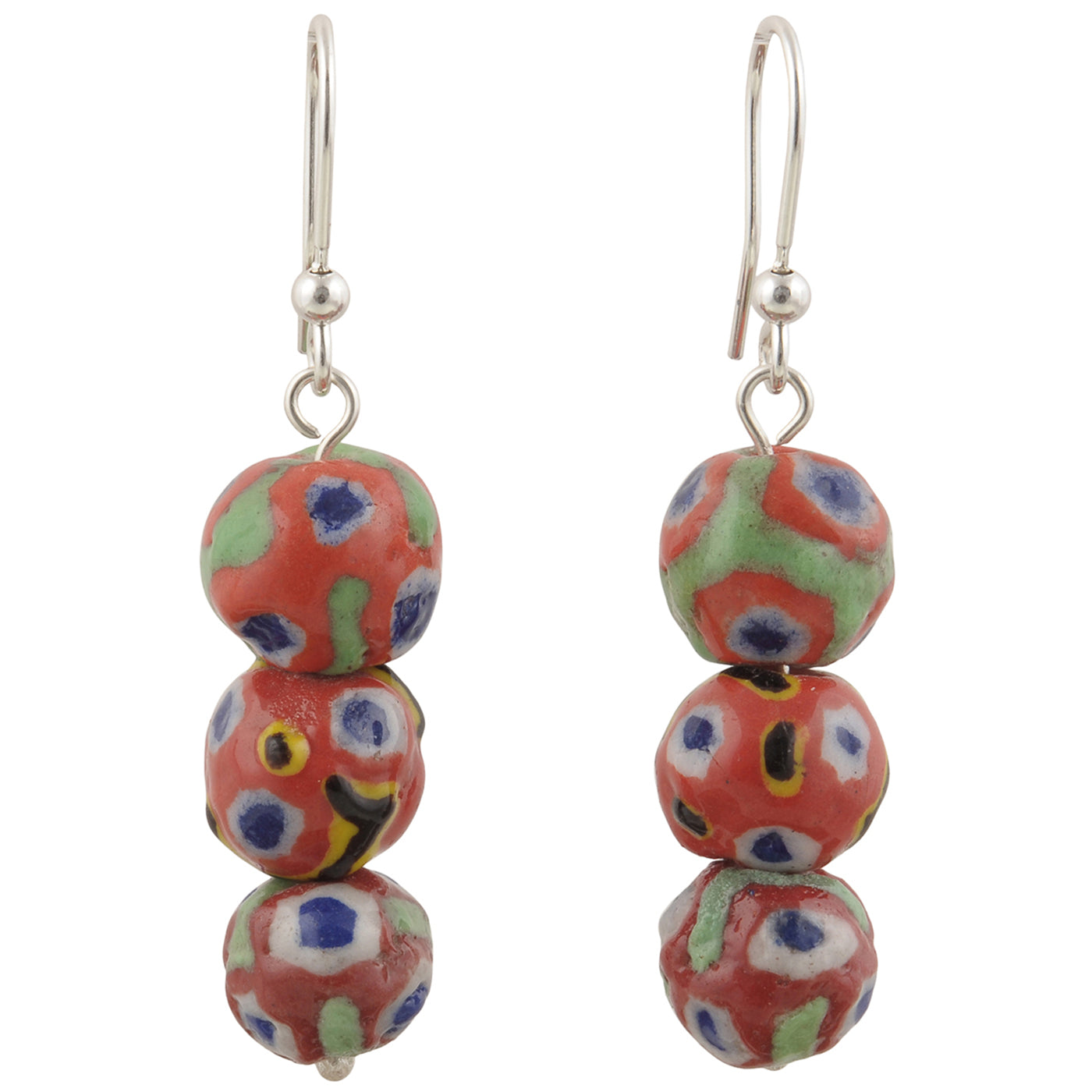 African Handmade Kiffa Glass Beads Earrings 925 Sterling Silver Ethnic Jewelry