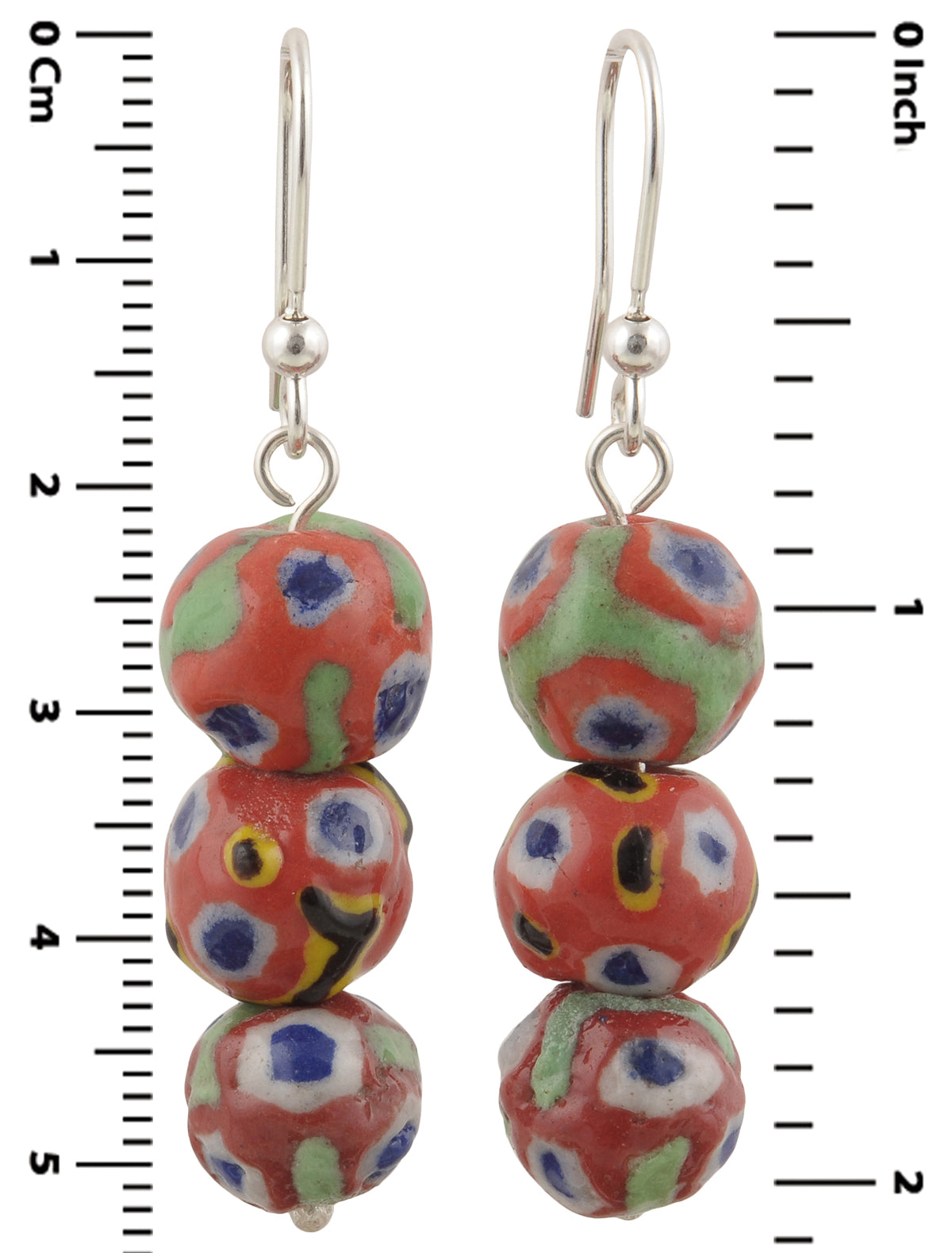African Handmade Kiffa Glass Beads Earrings 925 Sterling Silver Ethnic Jewelry - close-up