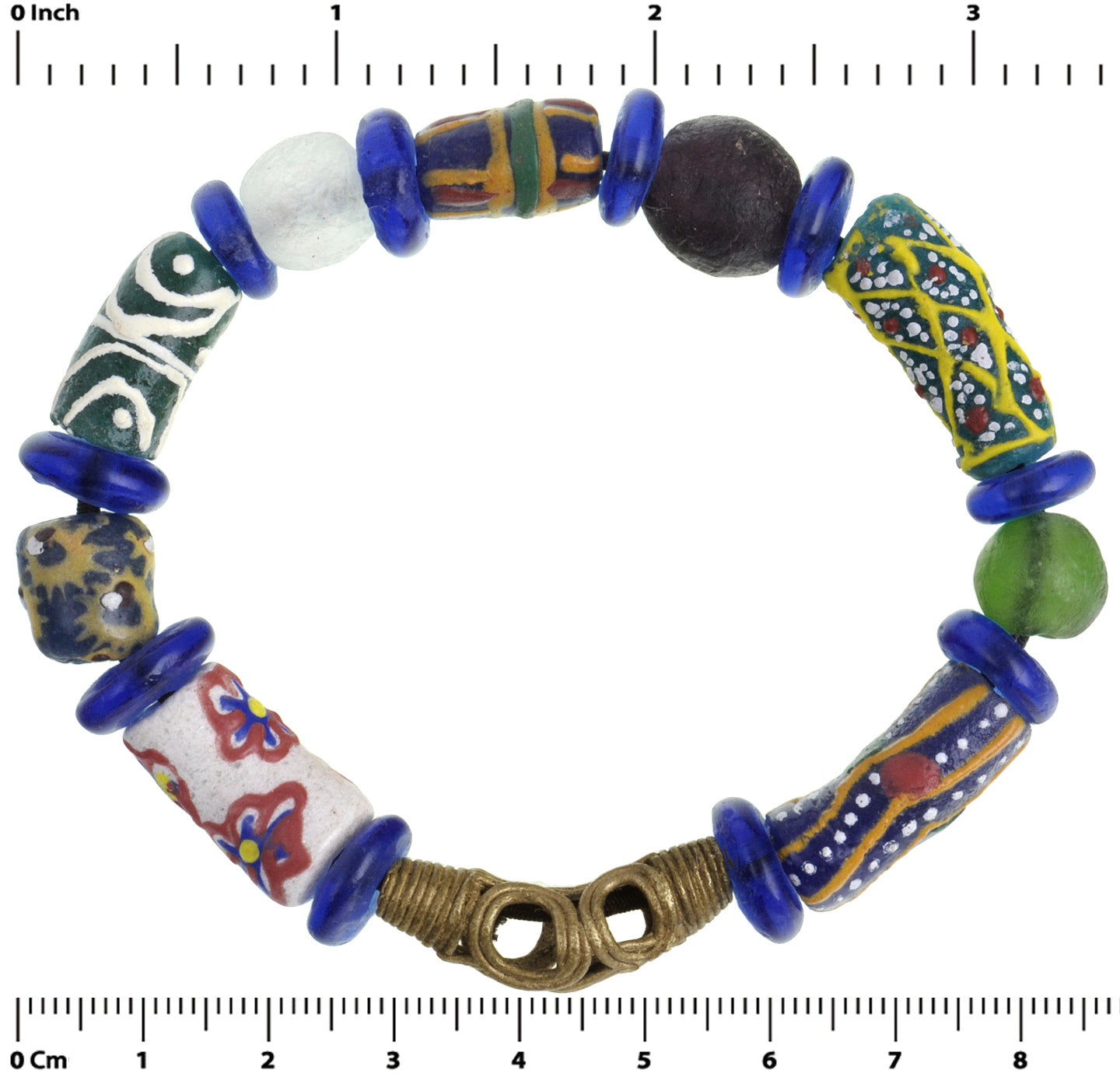 Handmade Beaded Bracelet - Ghanaian Glass & Brass Beads - zoomed-in detail