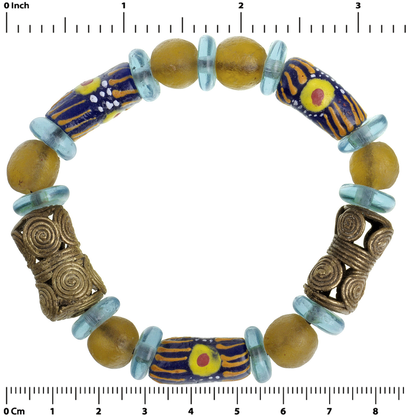 Handmade Beaded Bracelet - Ghana Glass & Brass Beads - zoomed-in detail