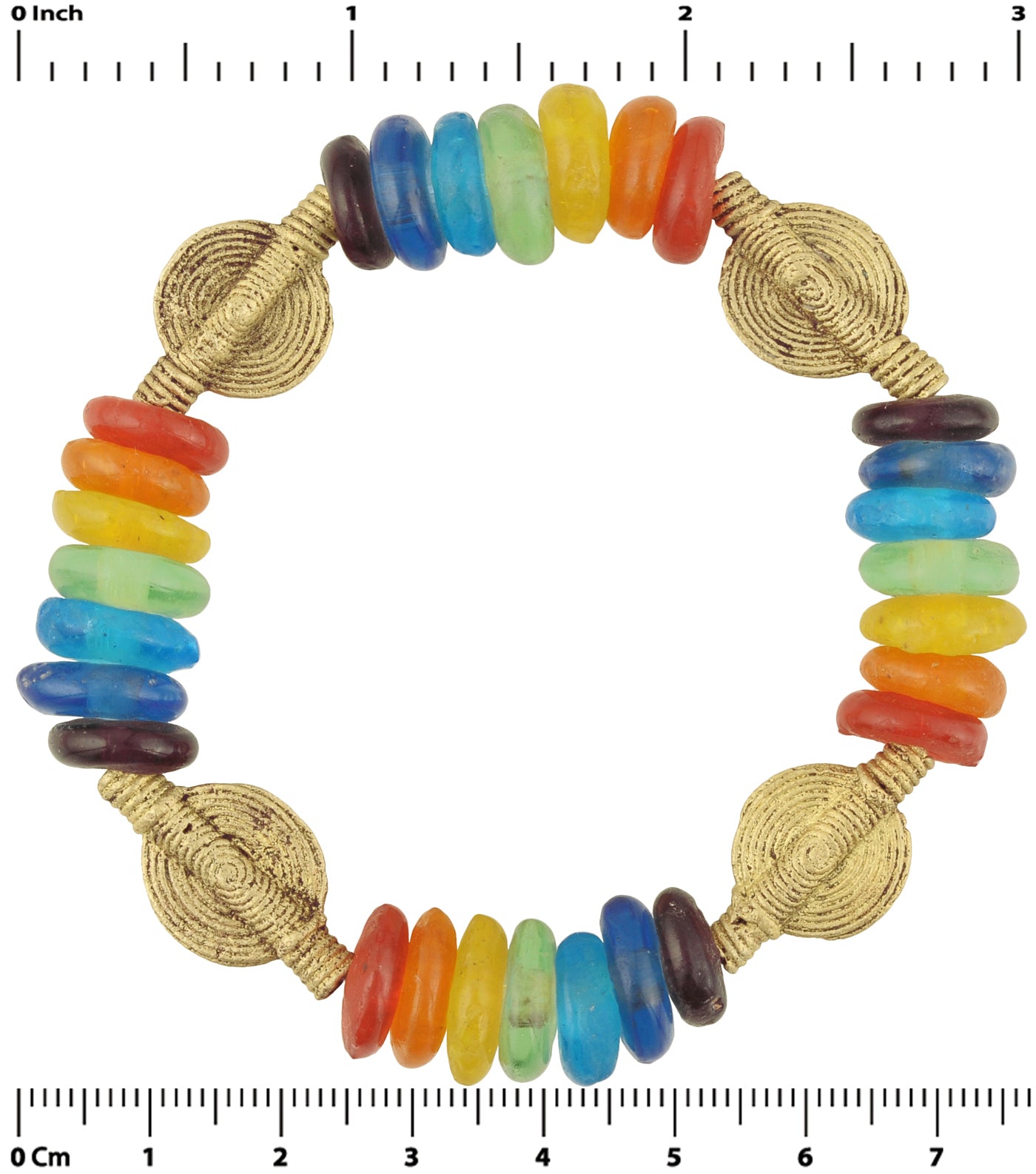 Handmade Beaded Bracelet - Krobo Glass & Ashanti Brass Beads - zoomed-in detail