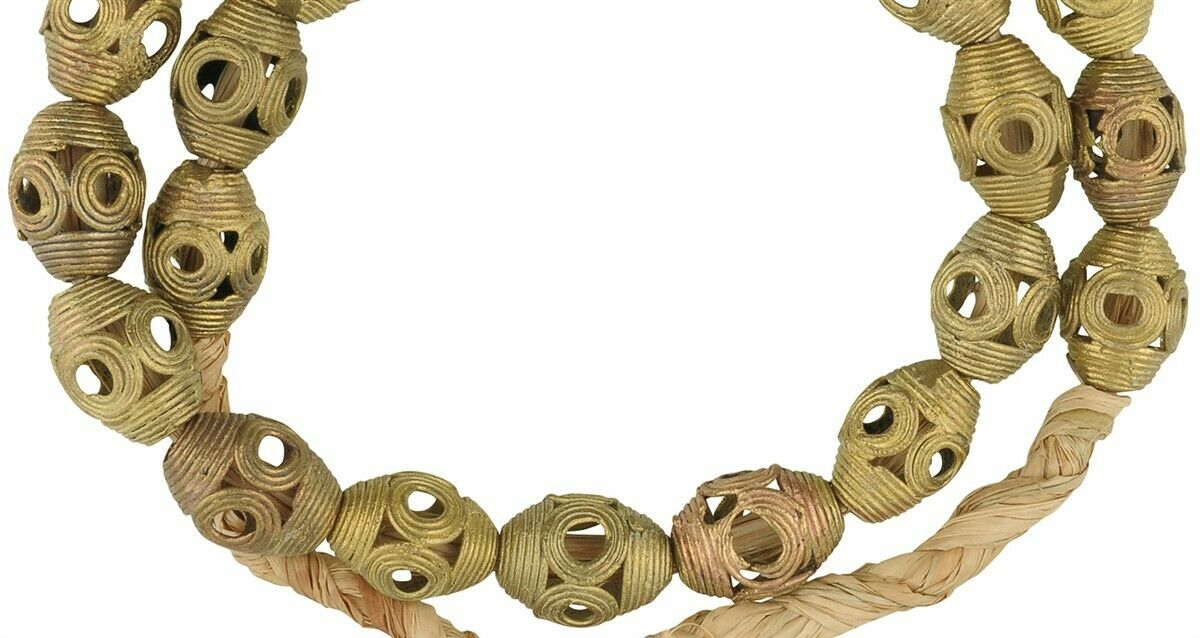 African Brass Beads Strand Handmade In Ghana - 23.5 Inches - close-up