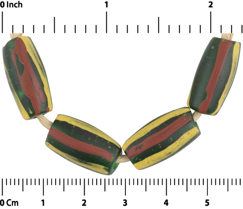 Antique Striped Green Venetian Lampwork African Trade Beads - close-up