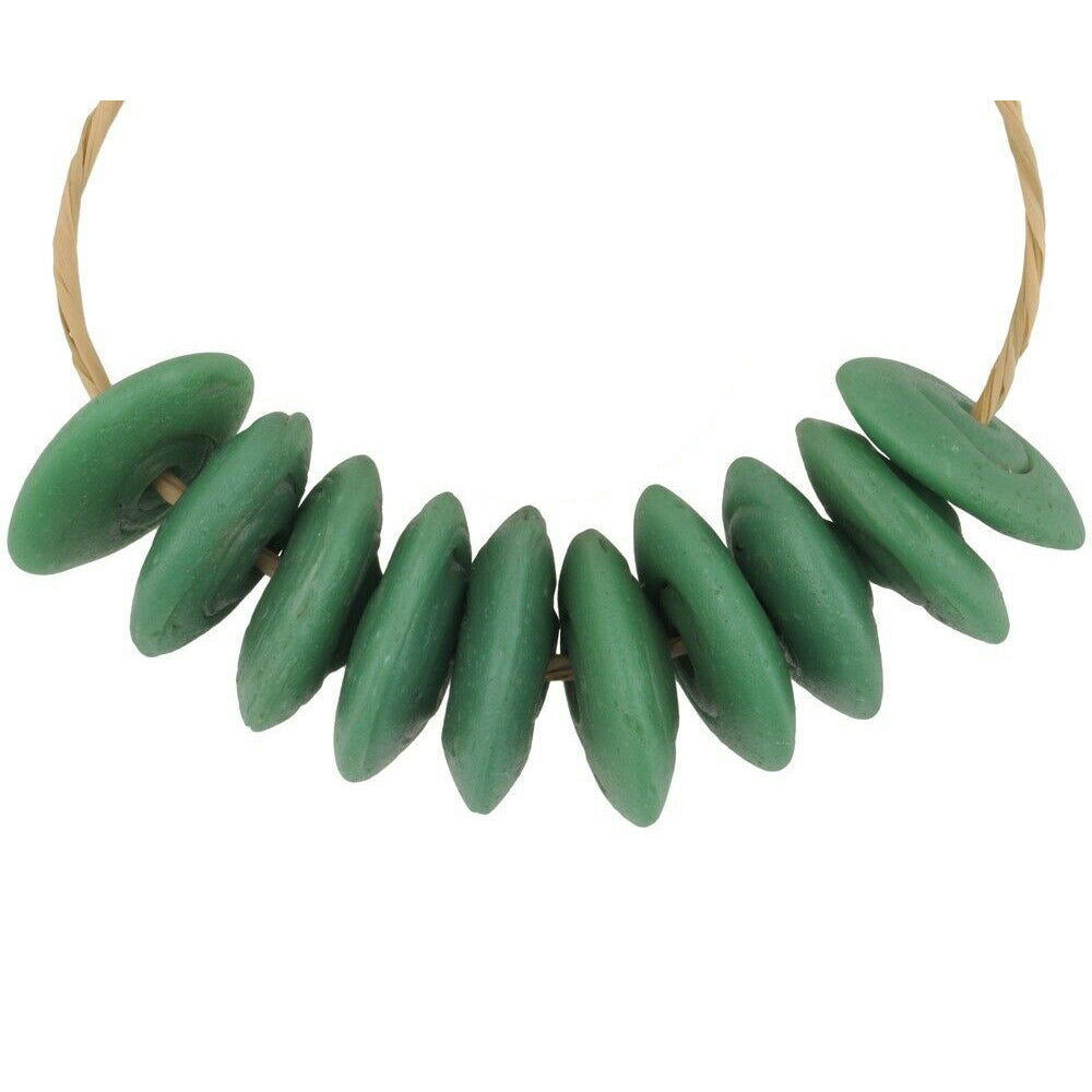 Antique Venetian Green Disk Glass Trade Beads - 14-15Mm