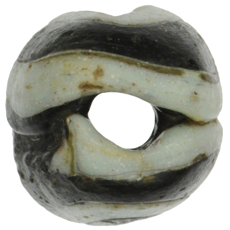 Antique Black & White Folded Glass Bead - Fustat, 1200 Ad - zoomed-in detail