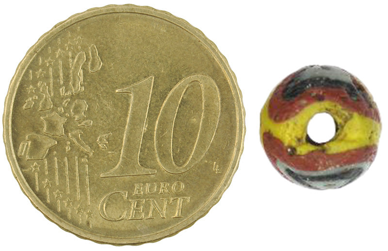 Rare Yellow, Red & Black Folded Islamic Glass Bead - Fustat 1200 Ad - close-up