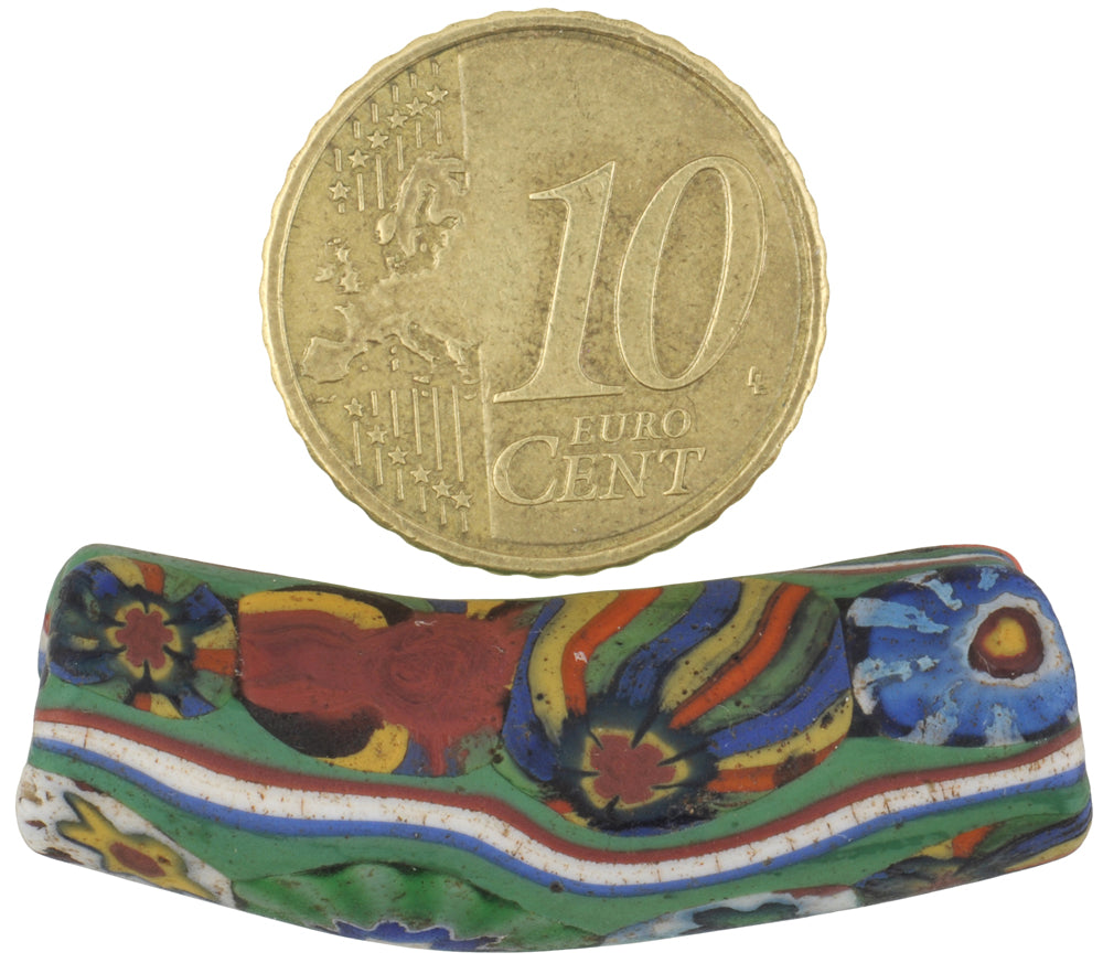 Very Rare Antique Venetian Elbow Millefiori Trade Bead - Multimurrine With Trail Decoration - zoomed-in detail