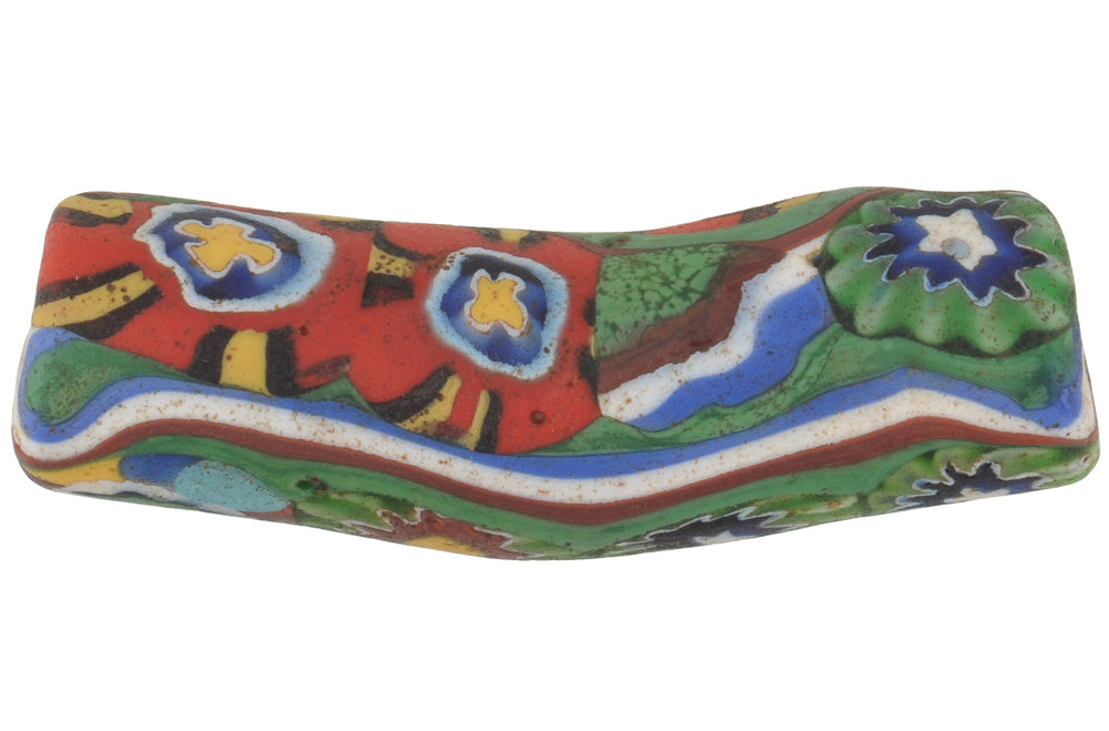 Rare Antique Multimurrine Elbow Venetian Millefiori Mosaic Glass Bead - African Trade - zoomed-in detail