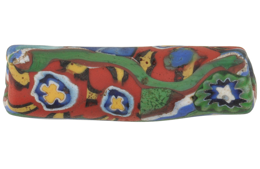Rare Antique Multimurrine Elbow Venetian Millefiori Mosaic Glass Bead - African Trade - close-up