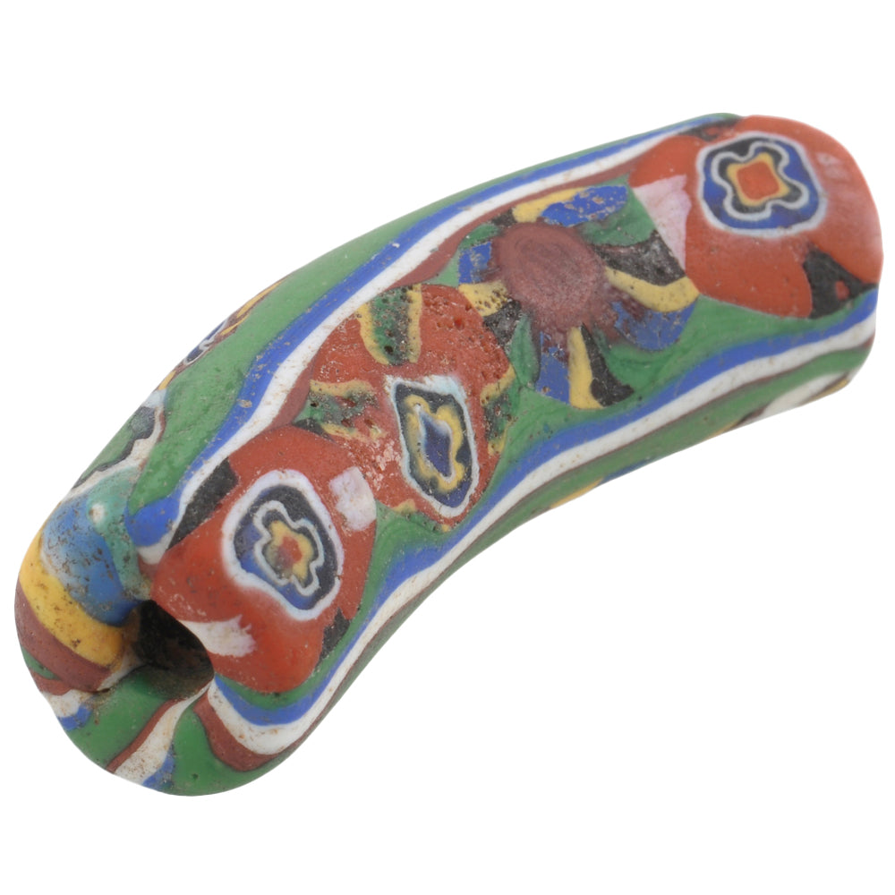 Rare Antique Venetian Elbow Millefiori Mosaic Trade Bead With Trail Decoration