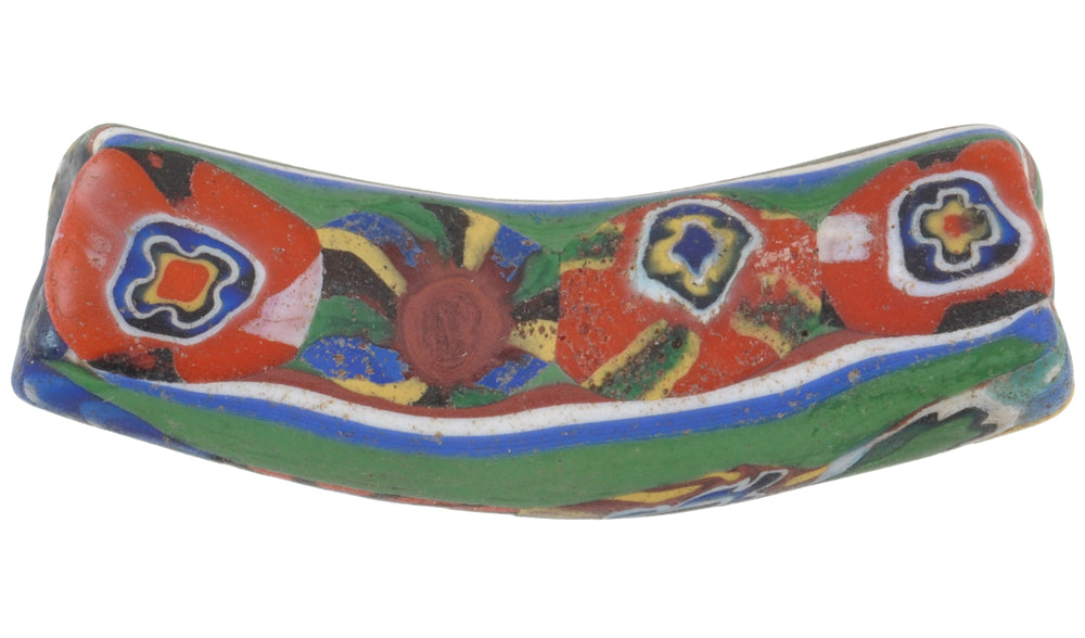Rare Antique Venetian Elbow Millefiori Mosaic Trade Bead With Trail Decoration - close-up