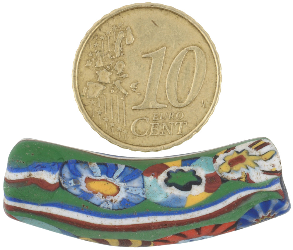 Rare Antique Venetian Elbow Millefiori Mosaic Trade Bead With Trail Decoration - zoomed-in detail