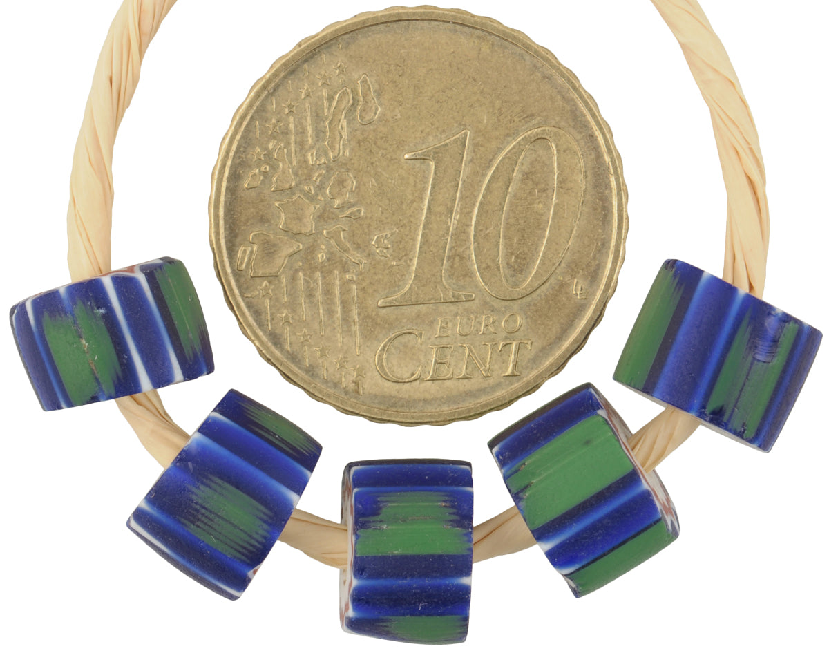 Rare Green Striped Antique Venetian Chevron Beads - 5 Pieces - close-up