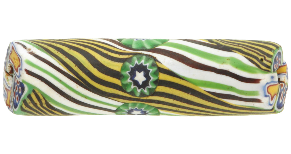 Rare Antique Elbow Venetian Millefiori Mosaic Glass Trade Bead 42X11Mm - angled shot