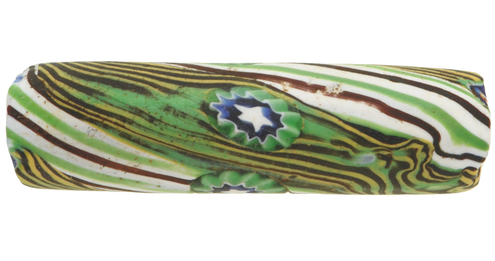 Rare Antique Elbow Venetian Millefiori Mosaic Glass Trade Bead 42X11Mm - product focus
