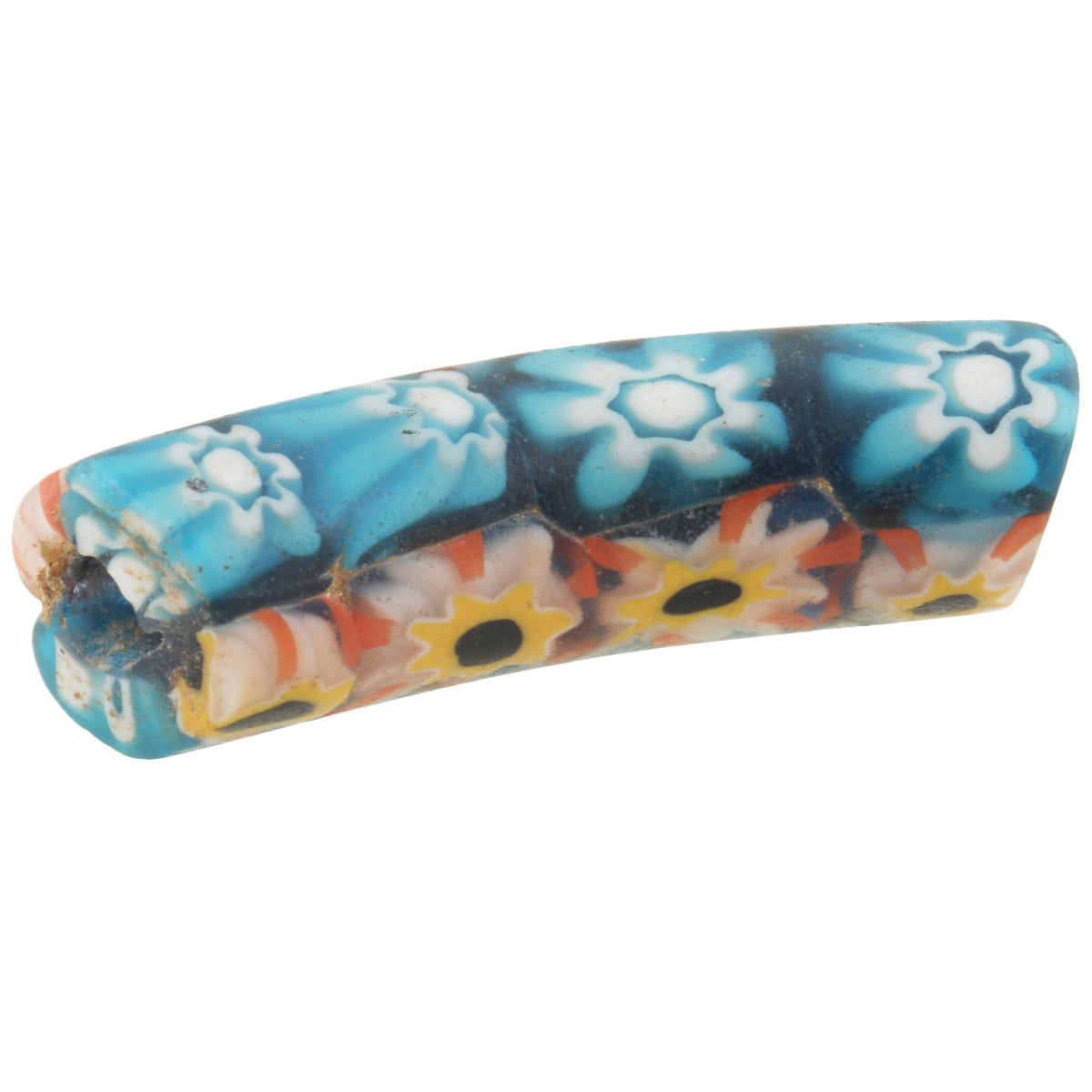Rare Antique Venetian Elbow Millefiori Mosaic Glass Trade Bead, 30X9Mm