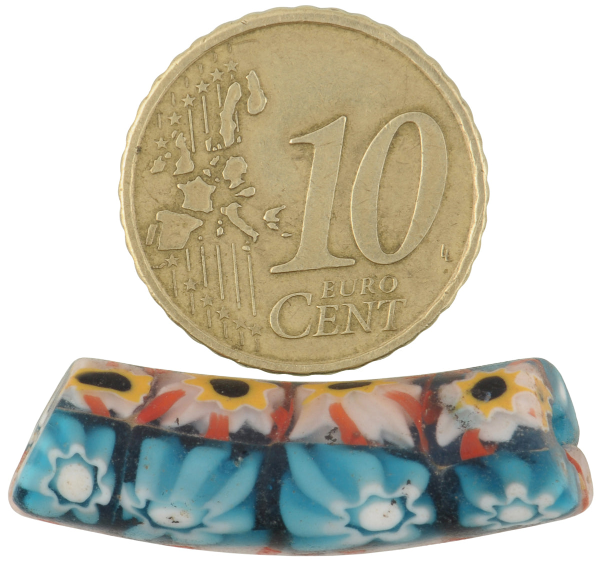 Rare Antique Venetian Elbow Millefiori Mosaic Glass Trade Bead, 30X9Mm - close-up