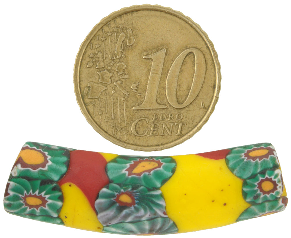 Antique Elbow Venetian Millefiori Mosaic Glass Trade Bead, 33X10Mm - close-up