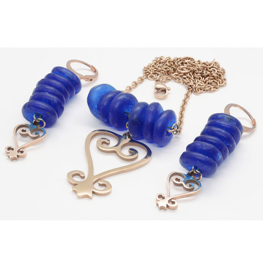 Handmade African Earrings & Adinkra Sankofa Pendant With Cobalt Blue Beads