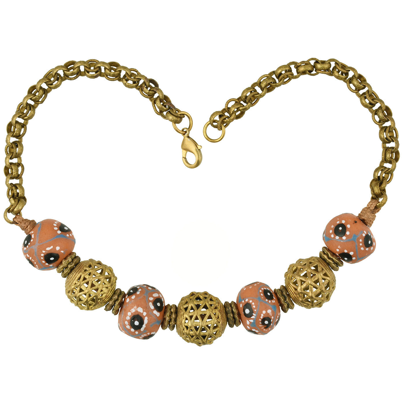 Handmade African Trade Beads Necklace With Recycled Glass And Brass