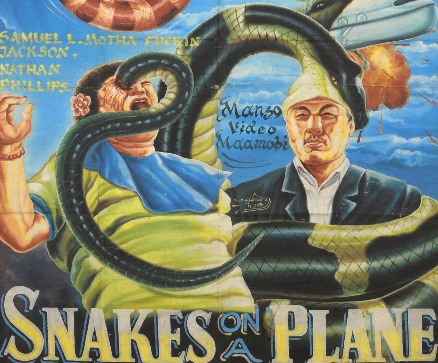 Hand-Painted Snakes On A Plane Movie Poster - Ghanaian Art - close-up
