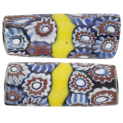 Antique Large Banded Millefiori Mosaic Venetian Trade Beads, 31X12Mm Pair