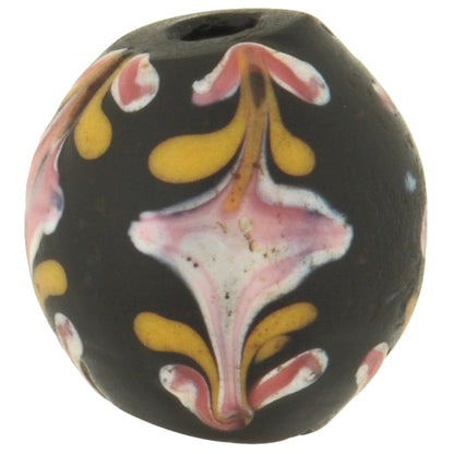 Antique Black Floral Venetian Lampwork Glass Trade Bead, 13X12Mm, African Trade