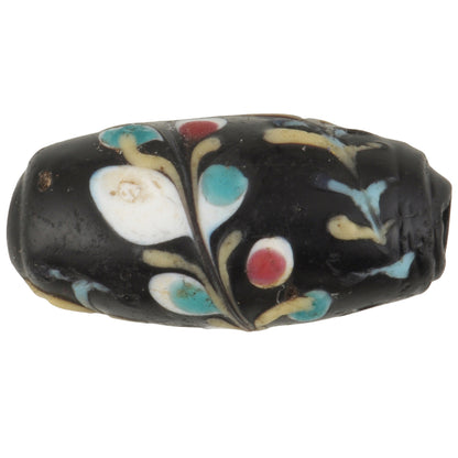 Rare Black "Floral" Antique Venetian Wound Glass Trade Bead, 19X9Mm