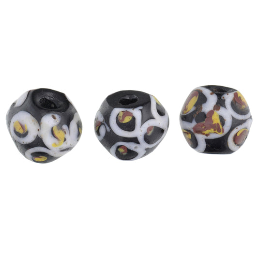 Antique Black Bicone Venetian Lampwork Beads With Trail Decor, African Trade