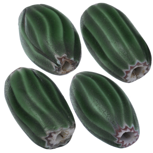 Large Green Chevron Beads - Set Of 4 Antique Venetian Trade Glass