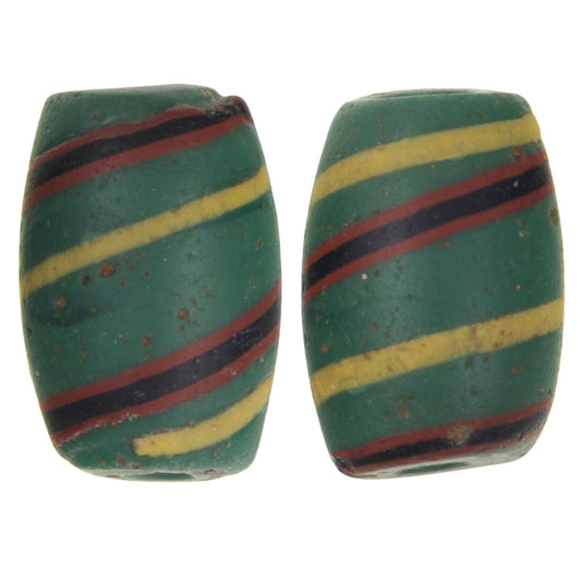 Rare Antique Green Oval "Fancy" Venetian Wound Glass Trade Beads - 16X11Mm