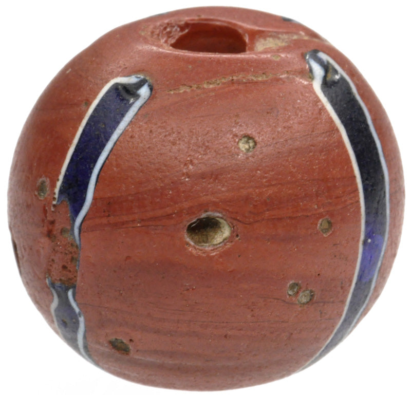 Large Striped Brick Venetian Wound Glass Trade Bead With Trail Decoration - alternate view
